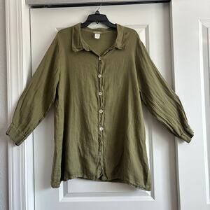 Becasa 100% Linen Women’s Olive Green Gauzy Long Sleeve Button Down M